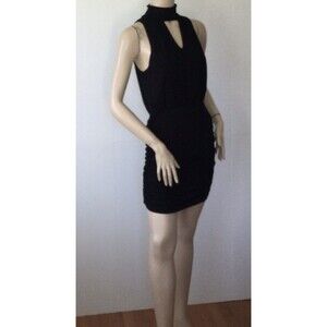 BAILEY 44 (Size M) Black Ruched Bubble Hem Sleeveless Hi Neck Keyhole Dress